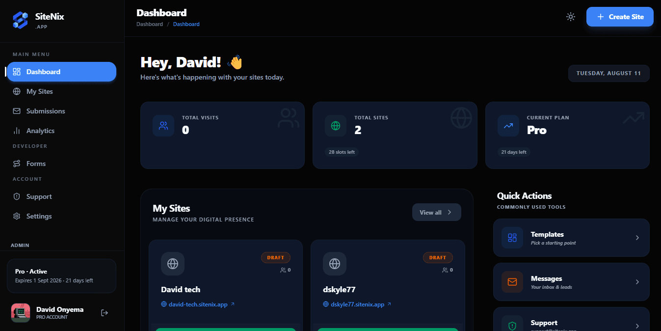 Sitenix dashboard Sitenix dashboard